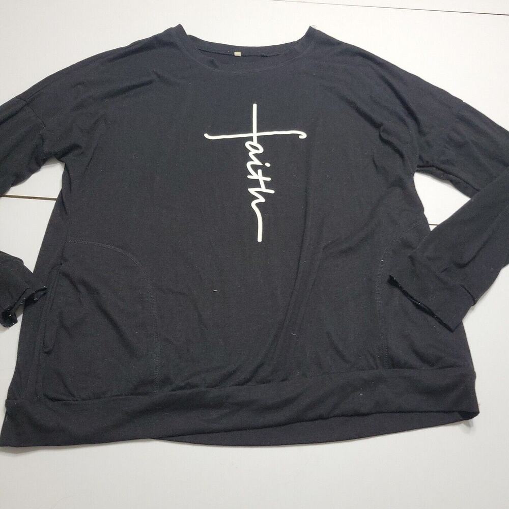 Next Level Women XL Shirt Black Faith Long Sleeve Scoop Neck Pockets Comfort Top